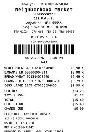 Sample Standard Grocery Receipt