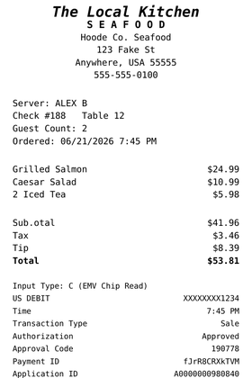 Sample Casual Dining Receipt